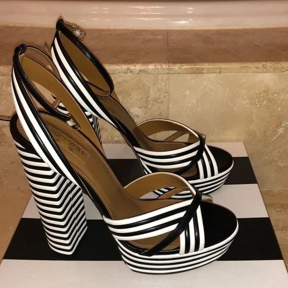 Aquazzura Black and White Platform Sundance Sandals with Stripes - Picture 1 of 8